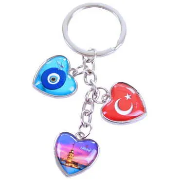 Istanbul Themed Metal Keychain With 3 Charms - Heart 40x85 mm - 3