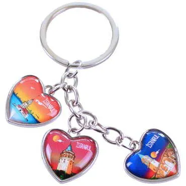 Istanbul Themed Metal Keychain With 3 Charms - Heart 40x85 mm - 4