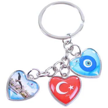 Istanbul Themed Metal Keychain With 3 Charms - Heart 40x85 mm - 5