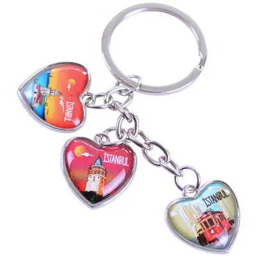 Istanbul Themed Metal Keychain With 3 Charms - Heart 40x85 mm - 6