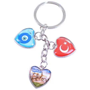 Istanbul Themed Metal Keychain With 3 Charms - Heart 40x85 mm - 7