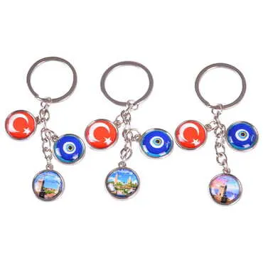 Antalya Themed Metal Keychain With 3 Charms - Mixed 40x90 mm - 2