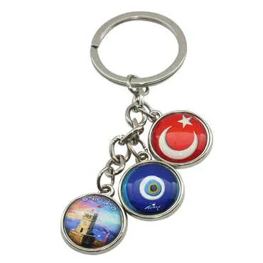 Antalya Themed Metal Keychain With 3 Charms - Mixed 40x90 mm - 3
