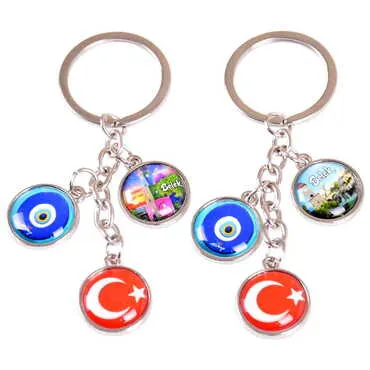 Belek Themed Metal Keychain With 3 Charms - Mixed 40x90 mm - 2