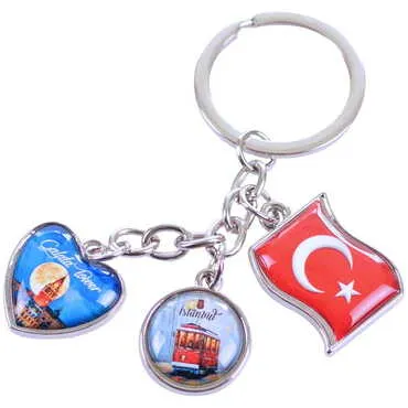 Istanbul Themed Metal Keychain With 3 Charms - Mixed 40x90 mm - 8