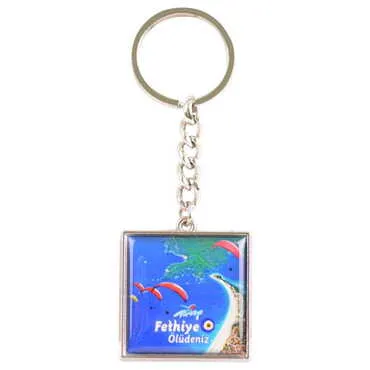 Fethiye Themed Metal Square Shaped Double Face Keychain 36x95 mm - 5