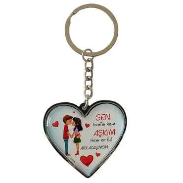 Sweetheart Themed Metal Heart ShapedDouble Face Keychain 45x90 mm - 3