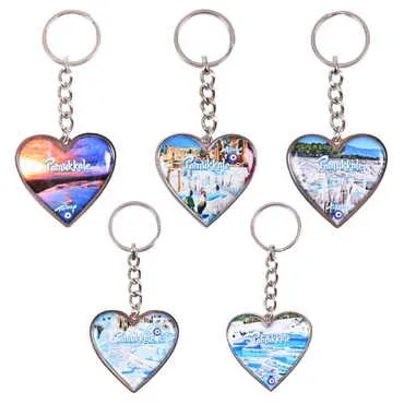 Pamukkale Themed Metal Heart ShapedDouble Face Keychain 45x90 mm - 2
