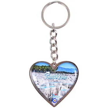 Pamukkale Themed Metal Heart ShapedDouble Face Keychain 45x90 mm - 3