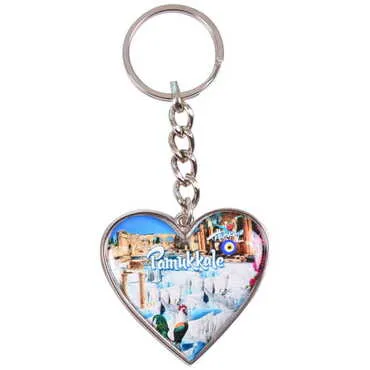 Pamukkale Themed Metal Heart ShapedDouble Face Keychain 45x90 mm - 4