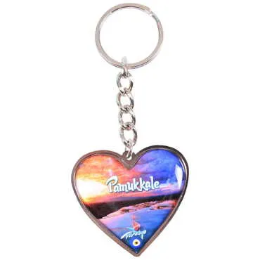 Pamukkale Themed Metal Heart ShapedDouble Face Keychain 45x90 mm - 5