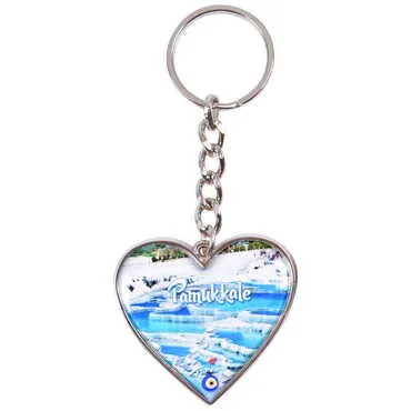 Pamukkale Themed Metal Heart ShapedDouble Face Keychain 45x90 mm - 6
