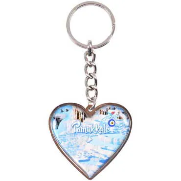 Pamukkale Themed Metal Heart ShapedDouble Face Keychain 45x90 mm - 7