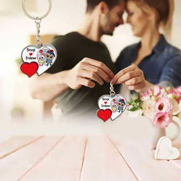 Sweetheart Themed Metal Double Heart Shaped Keychain 40x94 mm - 4