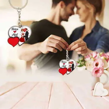 Sweetheart Themed Metal Double Heart Shaped Keychain 40x94 mm - 7
