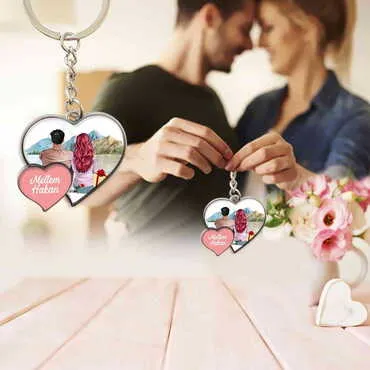 Sweetheart Themed Metal Double Heart Shaped Keychain 40x94 mm - 13