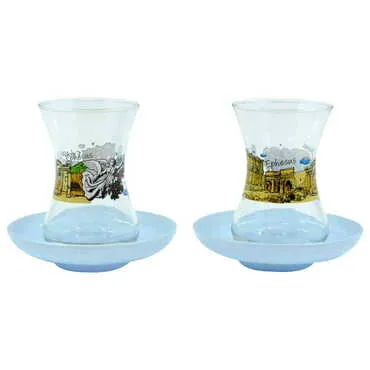 Ephesus Themed Custom Printed Turkish Tea Glass Set Of 2 Pcs - 7