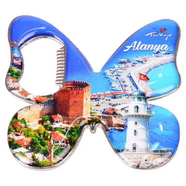 Alanya Themed Butterfly Shaped Metal Magnetic Bottle Opener 70x70 mm - 7