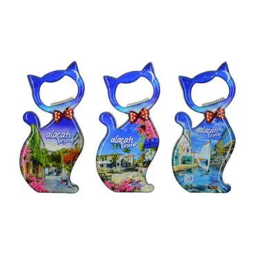 Toptan Alaçatı Bölgesi Temalı Myros Metal Kedi Açacak Magnet 97x48 mm - 3