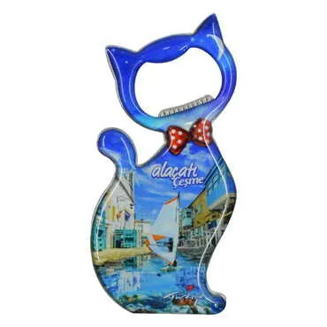 Toptan Alaçatı Bölgesi Temalı Myros Metal Kedi Açacak Magnet 97x48 mm - 4