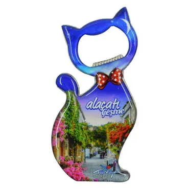 Toptan Alaçatı Bölgesi Temalı Myros Metal Kedi Açacak Magnet 97x48 mm - 6