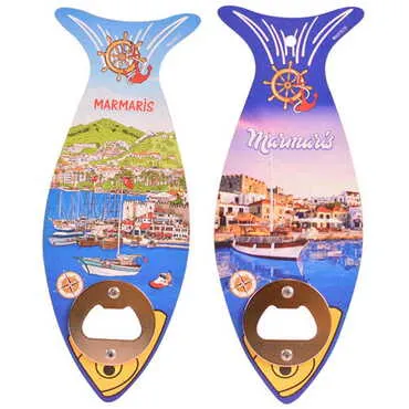 Marmaris Themed Fish Shaped Printed MDF Wooden Bottle Opener 190x70 mm - 2