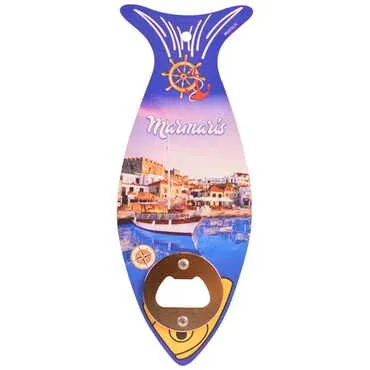 Marmaris Themed Fish Shaped Printed MDF Wooden Bottle Opener 190x70 mm - 3