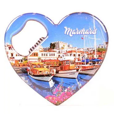 Marmaris Themed Heart Shaped Metal Magnetic Bottle Opener 85x76 mm - 5