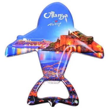 Alanya Themed Plane Shaped Metal Magnetic Bottle Opener 105x89 mm - 6