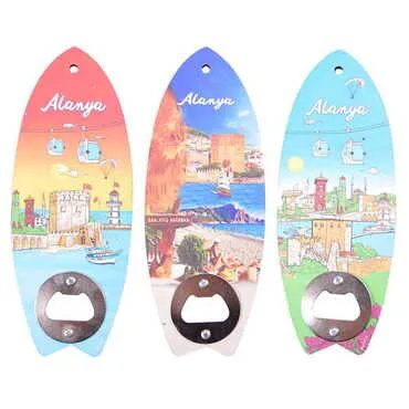 Alanya Themed Surf Board Shaped Printed MDF Wooden Bottle Opener 185x72 mm - 2