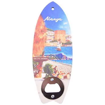 Alanya Themed Surf Board Shaped Printed MDF Wooden Bottle Opener 185x72 mm - 3