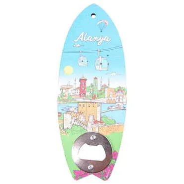 Alanya Themed Surf Board Shaped Printed MDF Wooden Bottle Opener 185x72 mm - 4