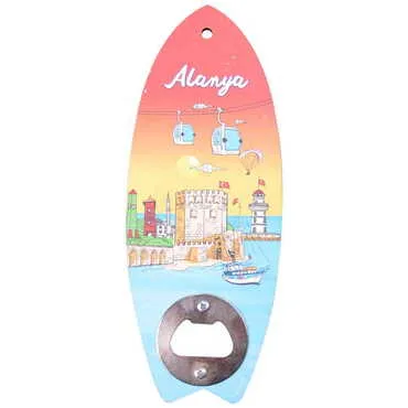 Alanya Themed Surf Board Shaped Printed MDF Wooden Bottle Opener 185x72 mm - 5