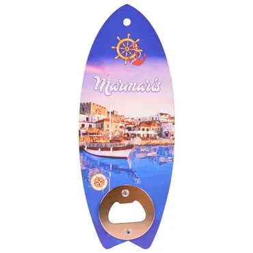 Marmaris Themed Surf Board Shaped Printed MDF Wooden Bottle Opener 185x72 mm - 6