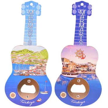 Marmaris Themed Guitar Shaped Printed MDF Wooden Bottle Opener 200x89 mm - 2