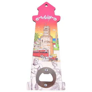 Antalya Themed Lighthouse Shaped Printed MDF Wooden Bottle Opener 188x77 mm - 4