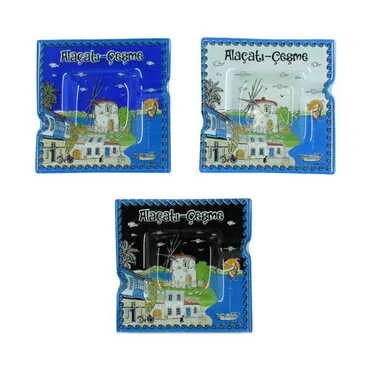Toptan Alaçatı Bölgesi Temalı Dekorlu Cam Küllük 100X100 mm - 3