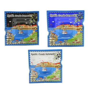 Toptan Ayvalık Temalı Dekorlu Cam Küllük 100X100 mm - 3