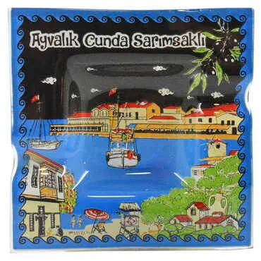 Toptan Ayvalık Temalı Dekorlu Cam Küllük 100X100 mm - 4