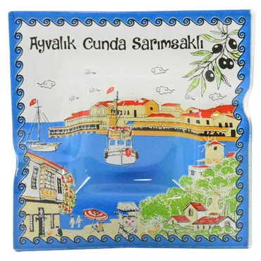 Toptan Ayvalık Temalı Dekorlu Cam Küllük 100X100 mm - 5