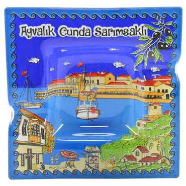 Toptan Ayvalık Temalı Dekorlu Cam Küllük 100X100 mm - 6