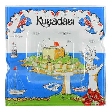 Kusadasi Themed Decorated Glass Ashtray 100X100 Mm - 6