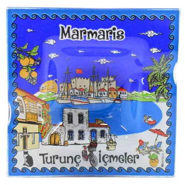 Toptan Marmaris Temalı Dekorlu Cam Küllük 100X100 mm - 6