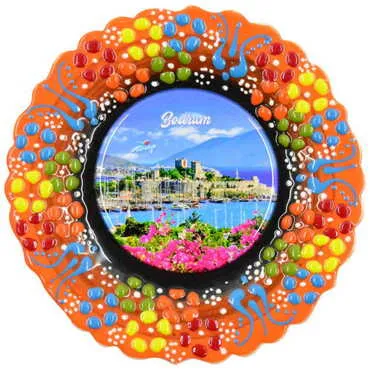 Toptan Bodrum Temalı Çini Myros Resim Tabak 12 cm - 13