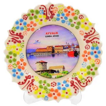Cunda Themed Turkish Ceramic Plate With Epoxy 12 Cm - 5