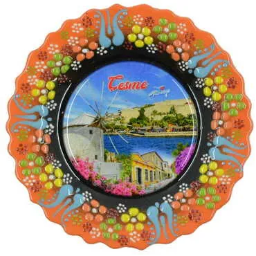 Cesme Themed Turkish Ceramic Plate With Epoxy 12 Cm - 6
