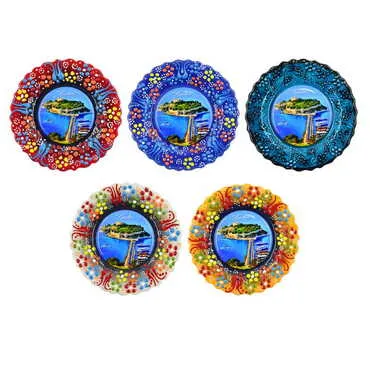 Kusadasi Themed Turkish Ceramic Plate With Epoxy 12 Cm - 4