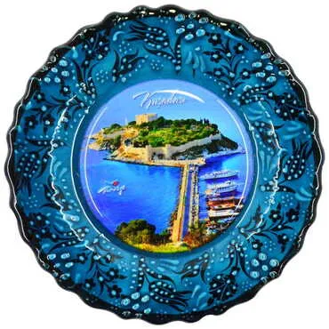 Kusadasi Themed Turkish Ceramic Plate With Epoxy 12 Cm - 6