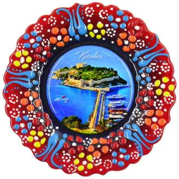 Kusadasi Themed Turkish Ceramic Plate With Epoxy 12 Cm - 8