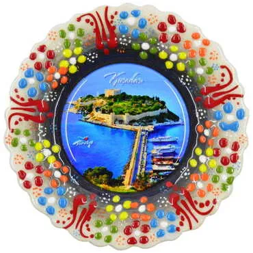 Kusadasi Themed Turkish Ceramic Plate With Epoxy 12 Cm - 9